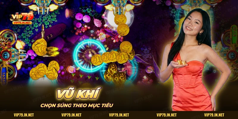 Màn bắn cá với súng bắn đạn và xu vàng rơi sau khi hạ cá