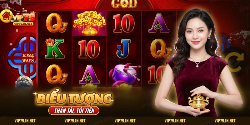 Biểu tượng thỏi vàng, cây tiền và trống trên lưới slot Thần Tài