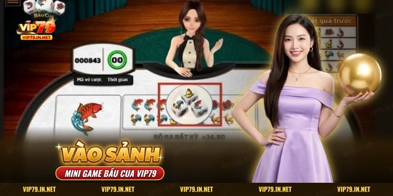Sảnh bầu cua VIP79 với nhân vật chia, bộ ba xúc xắc và ô linh vật