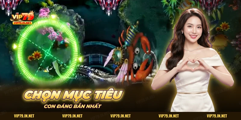 Vòng khóa mục tiêu xanh nhắm vào một con cá trong màn bắn cá vũ trụ