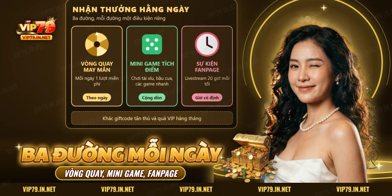 Điểm danh VIP79 qua ba đường nhận thưởng hằng ngày: vòng quay, mini game tích điểm và sự kiện fanpage