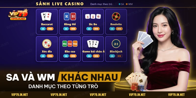Danh mục Baccarat, Rồng Hổ, Sic Bo, Roulette và các trò khác kèm nhãn SA, WM cho từng trò