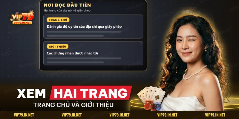 Hai trang ghi giấy phép hoạt động VIP79: mục uy tín ở trang chủ và phần chứng nhận ở trang Giới thiệu