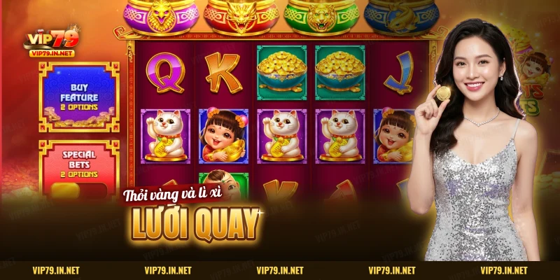Lưới quay slot Thần Tài với hũ vàng, mèo may mắn và em bé lì xì