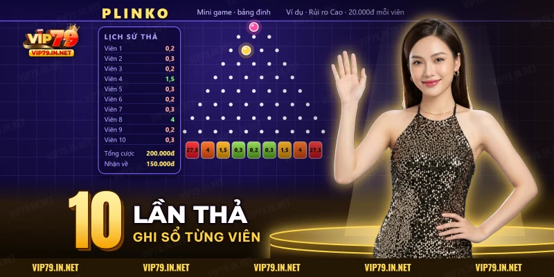 Lịch sử mười viên bi Plinko ghi ô rơi của từng viên, tổng cược và tổng nhận về