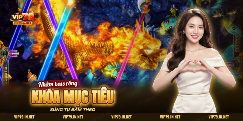 Màn bắn cá với tia laser khóa mục tiêu vào boss rồng lửa màu vàng