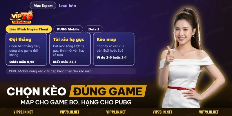 Các loại kèo trong mục Esport gồm đội thắng, tài xỉu hạ gục và kèo map theo từng tựa game