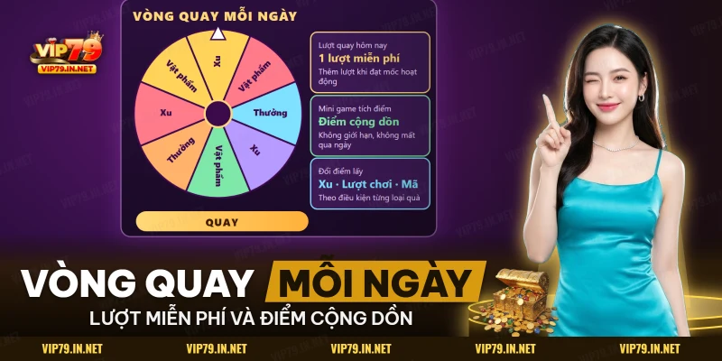 Vòng quay may mắn mỗi ngày của cơ chế điểm danh, kèm điểm mini game cộng dồn và các loại quà đổi được