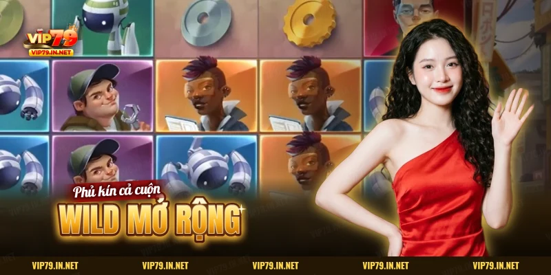 Màn slot robot với thợ máy, tên lửa và bánh răng trên lưới biểu tượng