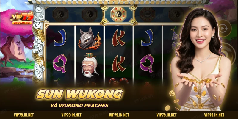 Màn slot Wukong có biểu tượng sói lửa và cụ già trên lưới quay